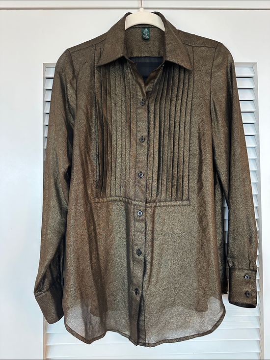 Ralph Lauren Tops - Lauren Ralph Lauren Petite Gold Metallic Pintuck Button Front Sheer Blouse PS